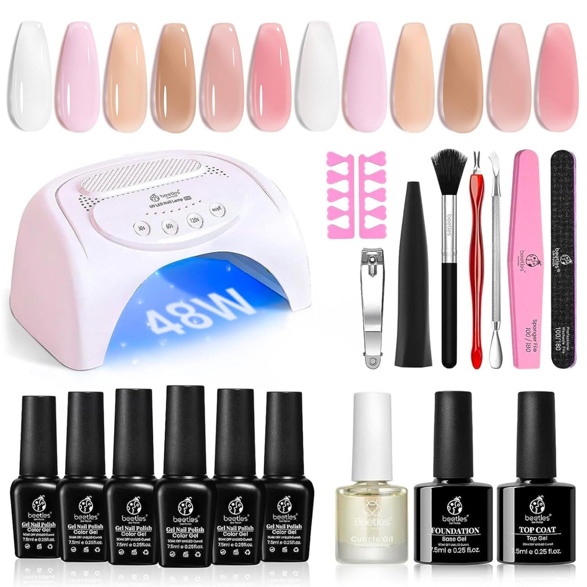 Beetles Gel Nail Polish Kit with 48W light 18 Pcs Gel Starter Kit,6 colors Nude Pink French White Glitter Gel Polish Soak Off Base Top Coat Gel Art Manicure Kit