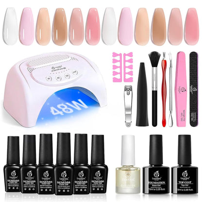 Beetles Gel Nail Polish Kit with 48W light 18 Pcs Gel Starter Kit,6 colors Nude Pink French White Glitter Gel Polish Soak Off Base Top Coat Gel Art Manicure Kit