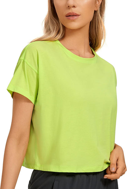 Women'S Pima Cotton Workout Short Sleeve Shirts Loose Athletic Crop Tops Gym Casual Cropped T-Shirt