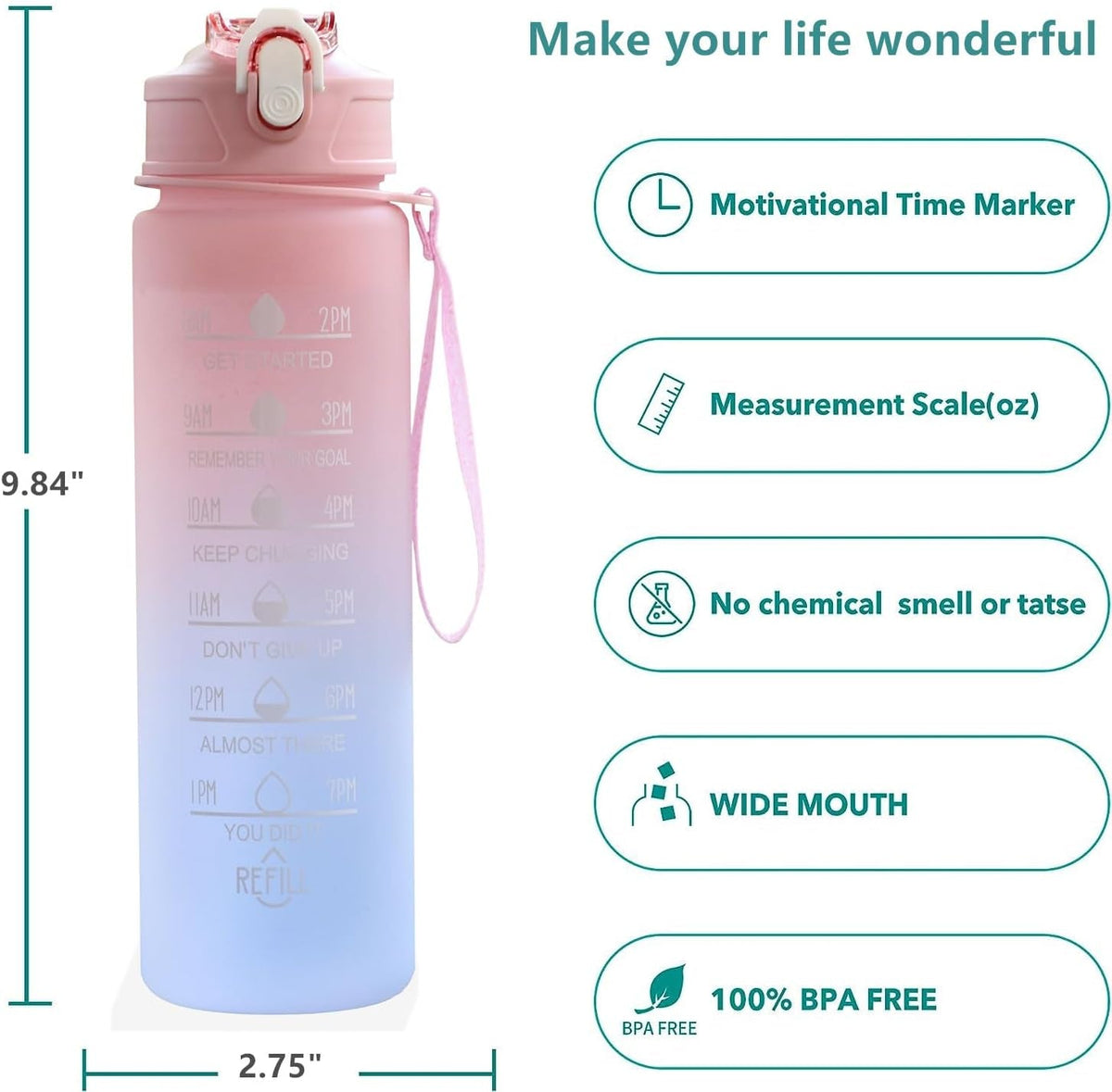 24 Oz Water Bottle with Times to Drink and Straw, Motivational Drinking Water Bottles with Carrying Strap, Leakproof BPA & Toxic Free, Ensure You Drink Enough Water for Fitness(Purple)