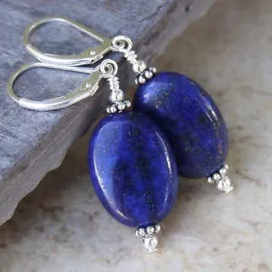 Handmade 13x18mm Natural Blue Lapis Lazuli Gemstone Leverback Dangle Earring