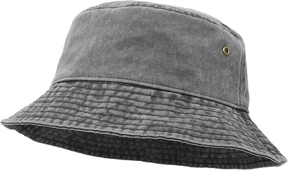 Bucket Hat, Wide Brim Washed Denim Cotton Outdoor Sun Hat Flat Top Cap for Fishing Hiking Beach Sports