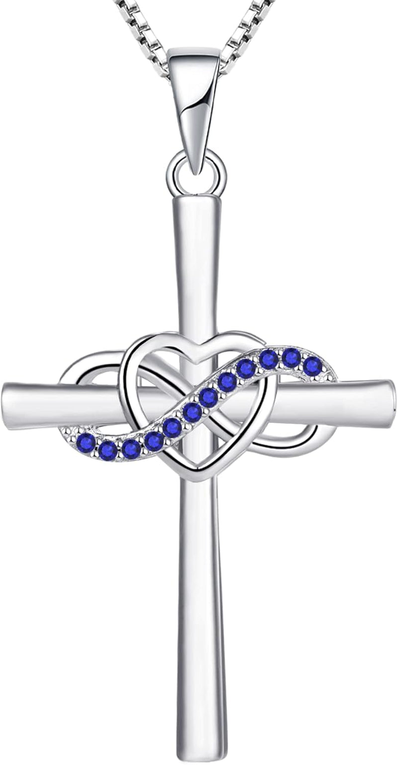 Cross Necklace Sterling Silver Infinity Heart Crucifix Pendant Birthstone Criss Jewelry for Women