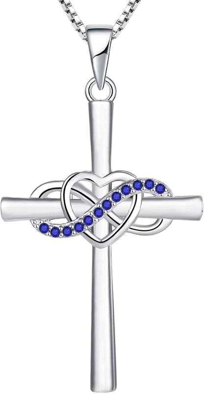 Cross Necklace Sterling Silver Infinity Heart Crucifix Pendant Birthstone Criss Jewelry for Women