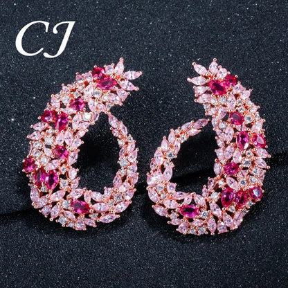 CANDICE Luxury 18K Rose Gold Plated Full Pave Multi Shape Rose Red And Pink Color CZ Zirconia Wedding Big Stud Earrings Romantic Party Jewelry for Brides