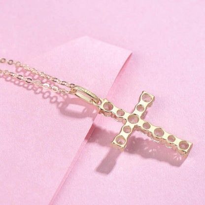9K Solid Gold Cute Dainty Cross Pendant Necklace with White Sapphire Gemstone Fine Delicate Jewelry Mothers Day Gifts for Women, Moms