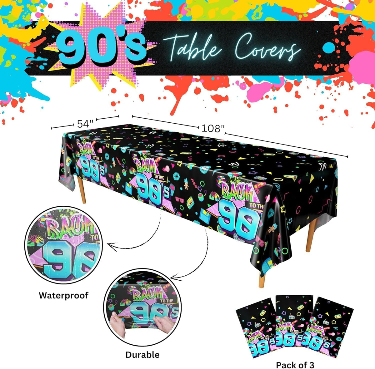 90S Party Table Covers (Pack of 3) - 54"X108" XL - 90S Theme Tablecloths, Decorations & Backdrop for Adults, 1990S Birthday Party Decor