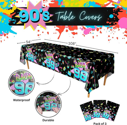 90S Party Table Covers (Pack of 3) - 54"X108" XL - 90S Theme Tablecloths, Decorations & Backdrop for Adults, 1990S Birthday Party Decor
