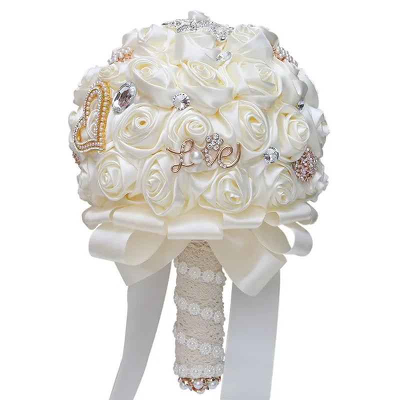 20CM Simulation Silk Rose Wedding Bouquet Diamond Pearl Brooch Bridal Bouquets Romantic Bridesmaid Holding Flowers