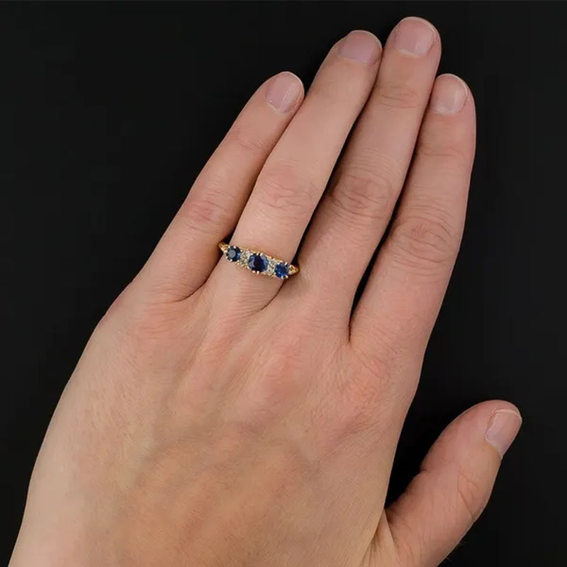 Fashion Women Art Deco Design Jewelry 18K Yellow Gold Ring Victorian Blue Sapphire and Diamond Carved Floral Ring Round Gemstone Wedding Rings Size 6 7 8 9 10