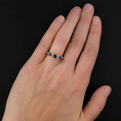 Fashion Women Art Deco Design Jewelry 18K Yellow Gold Ring Victorian Blue Sapphire and Diamond Carved Floral Ring Round Gemstone Wedding Rings Size 6 7 8 9 10