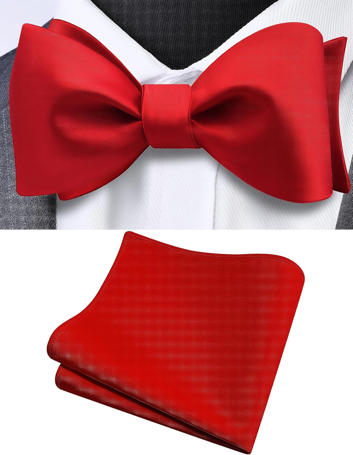 Mens Solid Color Bowties Self Tie Bow Tie Handkerchief for Men Satin Bowtie Pocket Square Set