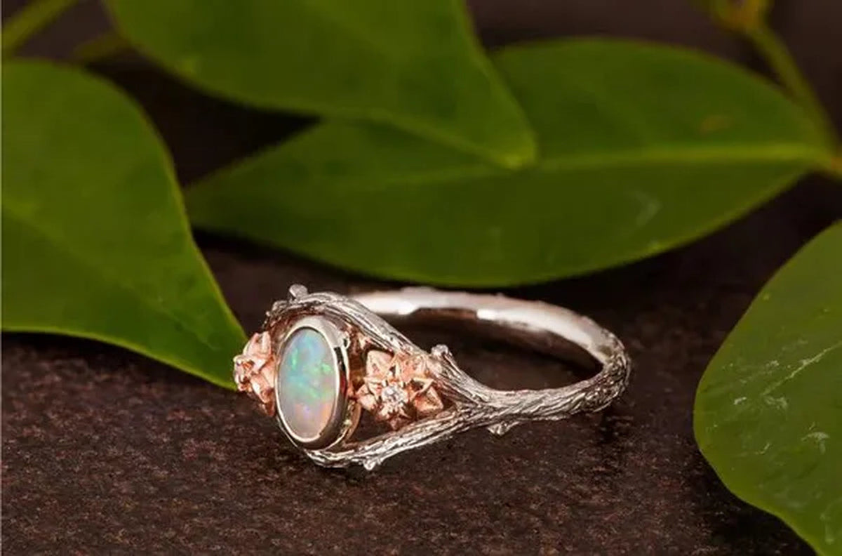 Antique Silver Women's Vintage Two Tone Silver & Rose Gold Twig And Rose Gold Flowers Opal Ring Anniversary Gift Engagement Bridal Wedding Jewelry Rings Size 5-10