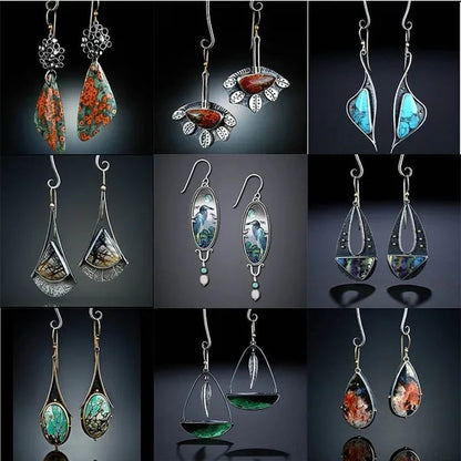 1 pair Antique 925 Sterling Silver Pendant Earrings Natural Gemstone Inlay Dangle Earrings Bridal Engagement Wedding Anniversary Gift  Bohemian Style Earrings