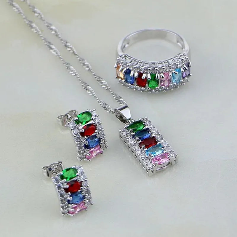 Multicolor 925 Silver Jewelry Set Mystic Topaz Jewelry Sets For Women Necklace/Earrings/Bracelet/Pendant/Ring 4PCS