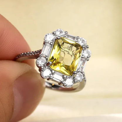 S925 Silver-plated Citrine Rhinestone Crown Ring Female Women Palace Bling Crystal Wedding Ring Jewelry