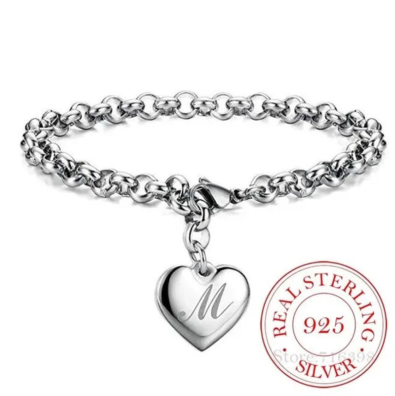 Punk Design 925 Sterling Silver A-Z Letter Heart Charm Bracelets & Bangles for Women Fine Jewelry Pulseras Mujer Moda 2020