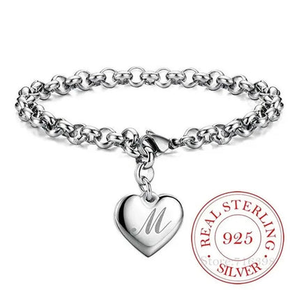 Punk Design 925 Sterling Silver A-Z Letter Heart Charm Bracelets & Bangles for Women Fine Jewelry Pulseras Mujer Moda 2020