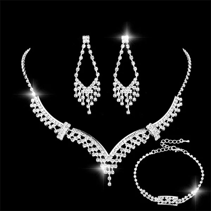 Women's Jewelry Set Rhinestone Crystal Bride Statement Choker Necklace Tiara Crown Link Bangle Bracelet Teardrop Dangle Earrings Set for Wedding Party Silver Plated White Crystal Necklace Earrings Bracelet