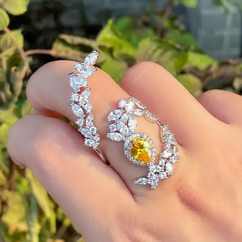 CANDICE Designer Women Wedding Band Finger Jewelry Luxury White Gold Plated Inlaid Shiny AAA Zirconia with Yellow Waterdrop Stone Opening Adjustable Ring for Bride