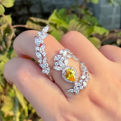 CANDICE Designer Women Wedding Band Finger Jewelry Luxury White Gold Plated Inlaid Shiny AAA Zirconia with Yellow Waterdrop Stone Opening Adjustable Ring for Bride