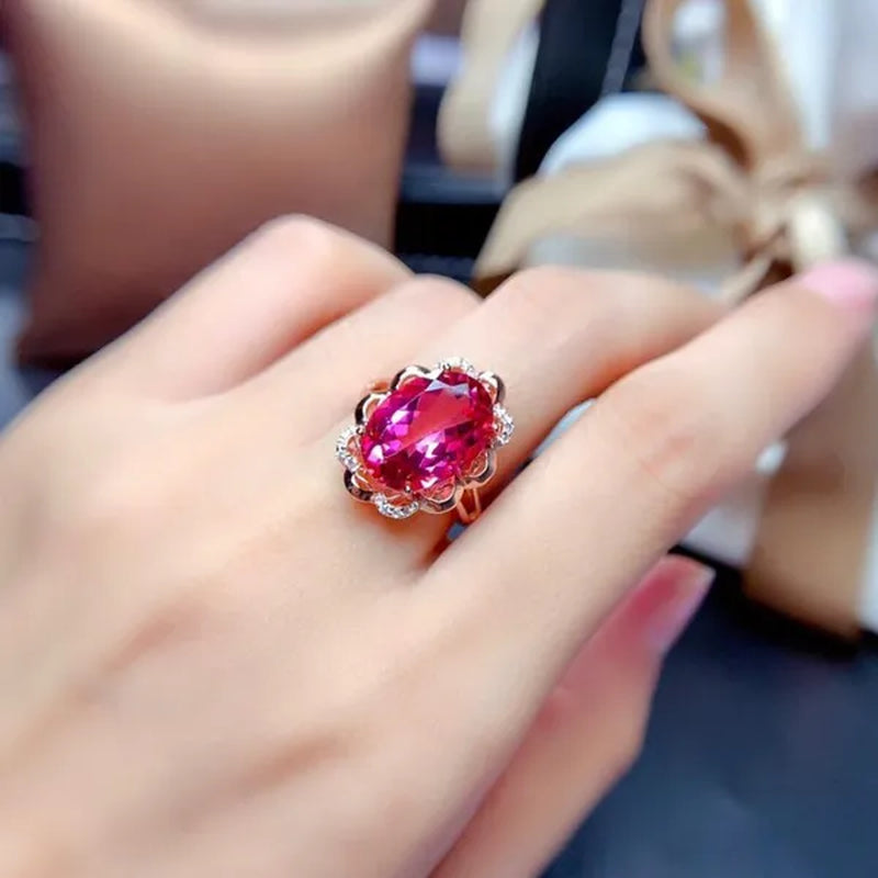 Newest Design Gemstone Jewelry Gold-plated South Africa Zircon AAA  Ellipse Red Tourmaline Necklace Pendant Opening Adjustable Ring Set for Women
