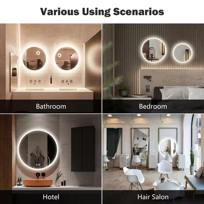 36 In. W X 36 In. H round Frameless LED Light with 3-Color and Anti-Fog Frosted Edge Wall Mounted Bathroom Vanity Mirror