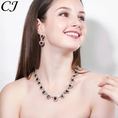 CANDICE Elegant Red Wedding Jewelry Set Micro CZ Stone Paved Oval Crystal Drop Earrings Bracelet And Necklace Sets For Bride