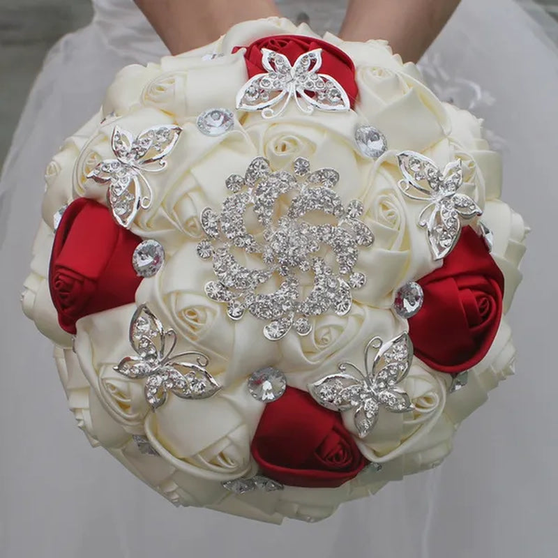 18CM Stunning Red Butterfly Diamond Flowers Brooch Stitch Wedding Bouquet Mariage Polyester Bride Holding Flowers Ribbon Bridesmaid Bouquet