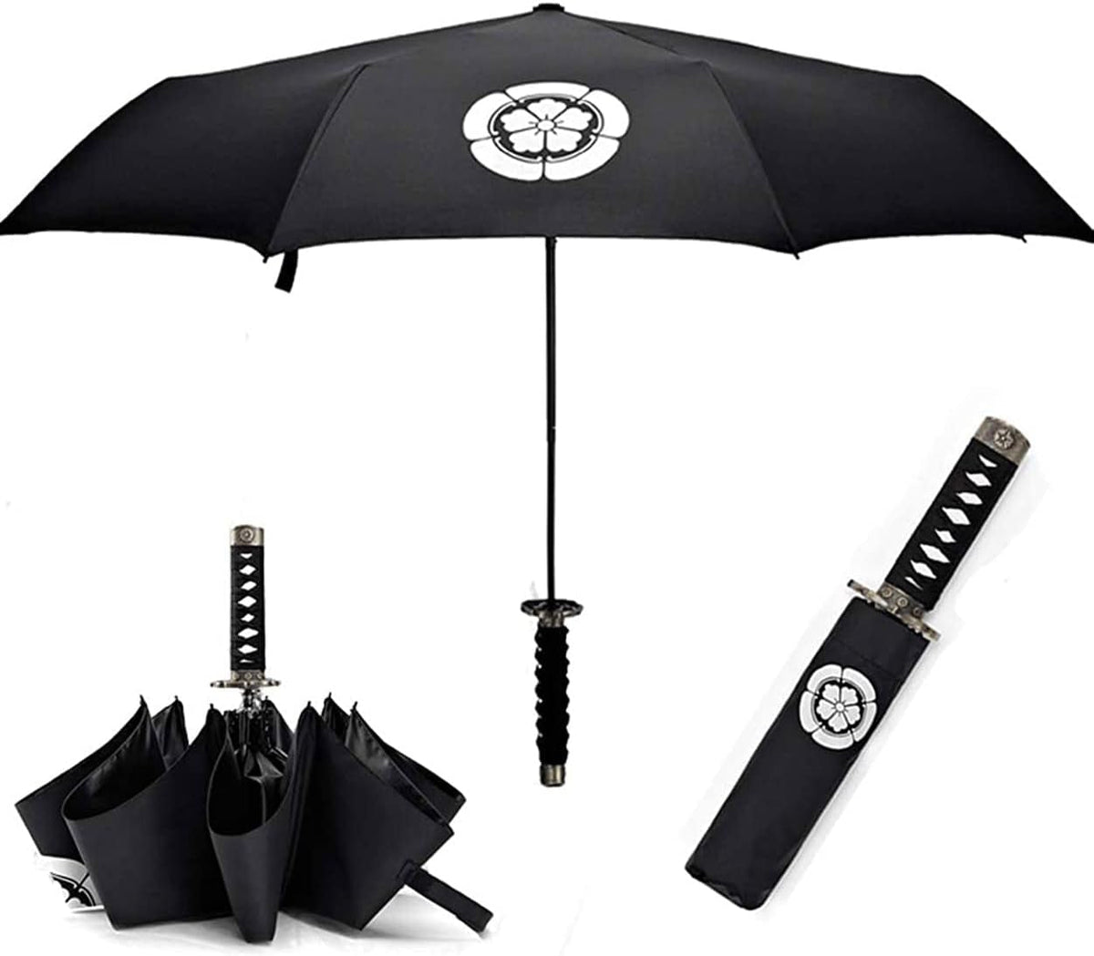 Samurai Katana Master Sword Hilt Handle Folding Umbrella Anime Portable Travel Japanese Ninja Compact Umbrellas Windproof, Black Glue anti UV, Business Birthday Gift for Men