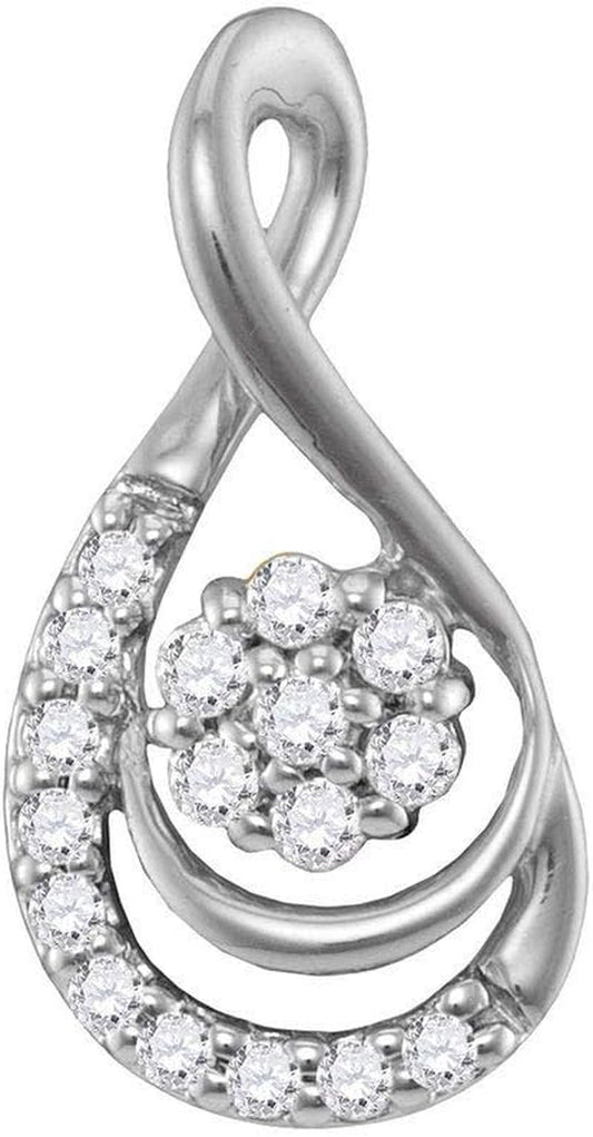 10Kt White Gold Womens round Diamond Flower Cluster Teardrop Pendant 1/10 Cttw