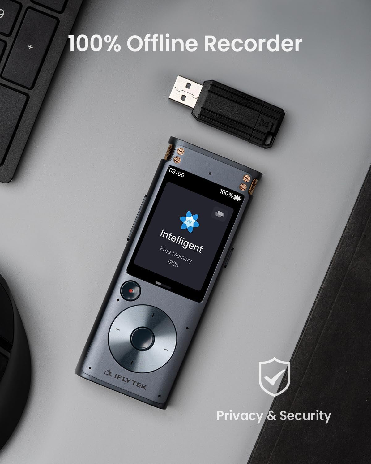 Offline Voice Recorder with Playback, Secure Digital Recorder with AI Transcription, 5-Language Voice-To-Text, Noise Reduction, AI Voice Recorder for Meetings, Interviews, Learning