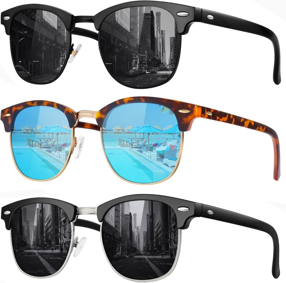 Classic Polarized Sunglasses for Men and Women Retro Style Semi Rimless Frame Sun Glasses 100% UV Protection Goggles