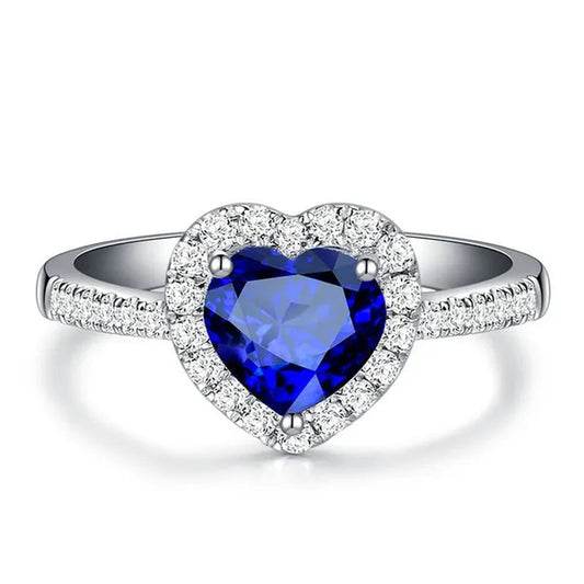 925 Sterling Silver Blue Sapphire Heart Promise Ring for Women Girl Size 5-10