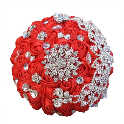 18CM Luxury Crystal Brooch Bride Bouquet Holding Flower Ribbon Lace Wedding Bouquet Artificial Simulation Rose Wedding Flower Bridesmaid Bouquet