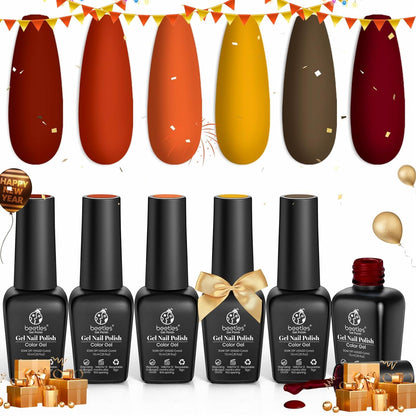 Beetles Gel Nail Polish Set, 6 Retro Colors Old School Collection Soak Off UV Gel Polish Red Yellow Blue Orange Green Gel Polish Nail Art Design Spring Manicure Kit Salon DIY Gifts for Women Girls