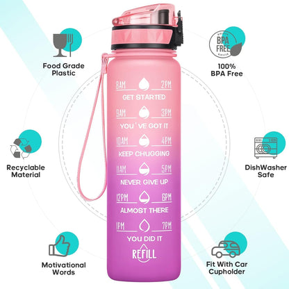 Motivational Water Bottle with Time Marker, 32 Oz (950 Ml), Bpa-Free Plastic, Easy Drink Straw, Fits Cup Holder