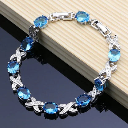 Silver 925 Jewelry Set Sky Blue Sapphire Charm for Women Stones Simple Earrings Rings Bracelet Necklace Set