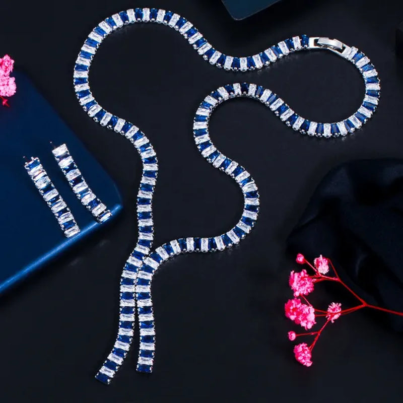 Gloriya Baguette Cut Cubic Zirconia Evening Jewelry Set Blue Stone Wedding Tennis Necklace and Drop Earrings for Brides