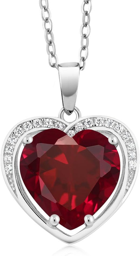 925 Sterling Silver Created Ruby Pendant Necklace for Women (4.25 Cttw, Heart Shape 10MM, with 18 Inch Silver Chain)
