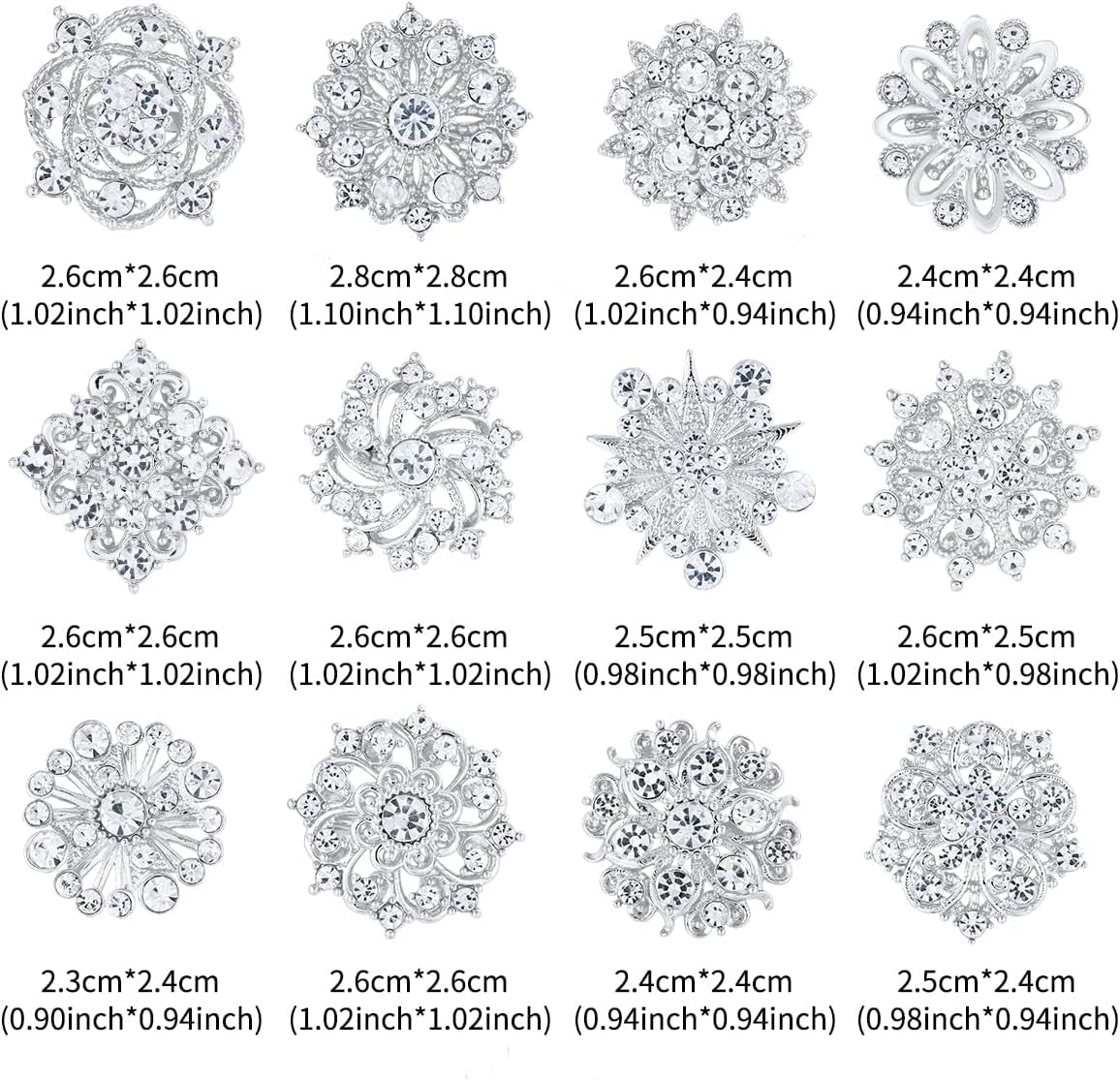 Assorted Small Size Crystal Rhinestone Flower Brooch Pins Set for Crafts Embellishment, Wedding Bouquet Brooches for Women Fashion