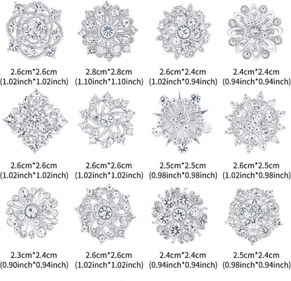 Assorted Small Size Crystal Rhinestone Flower Brooch Pins Set for Crafts Embellishment, Wedding Bouquet Brooches for Women Fashion