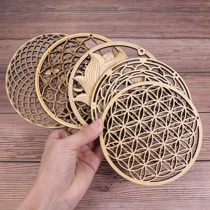 1 PC Making Sacred Geometry Ornament Laser Cut Handmade Coasters Wood Wall Art Home Decor Wooden Wall Sign Flower Of Life Energy Mat Flower of Life Shape Slice Wood Base