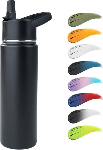 Stainless Steel Water Bottle with Straw & Wide Mouth Lid, Wide Rotating Handle, 24Oz Double Wall Vacuum Insulated Water Bottle Leak Proof, BPA Free, Keep Cold and Hot, 24Oz, Black