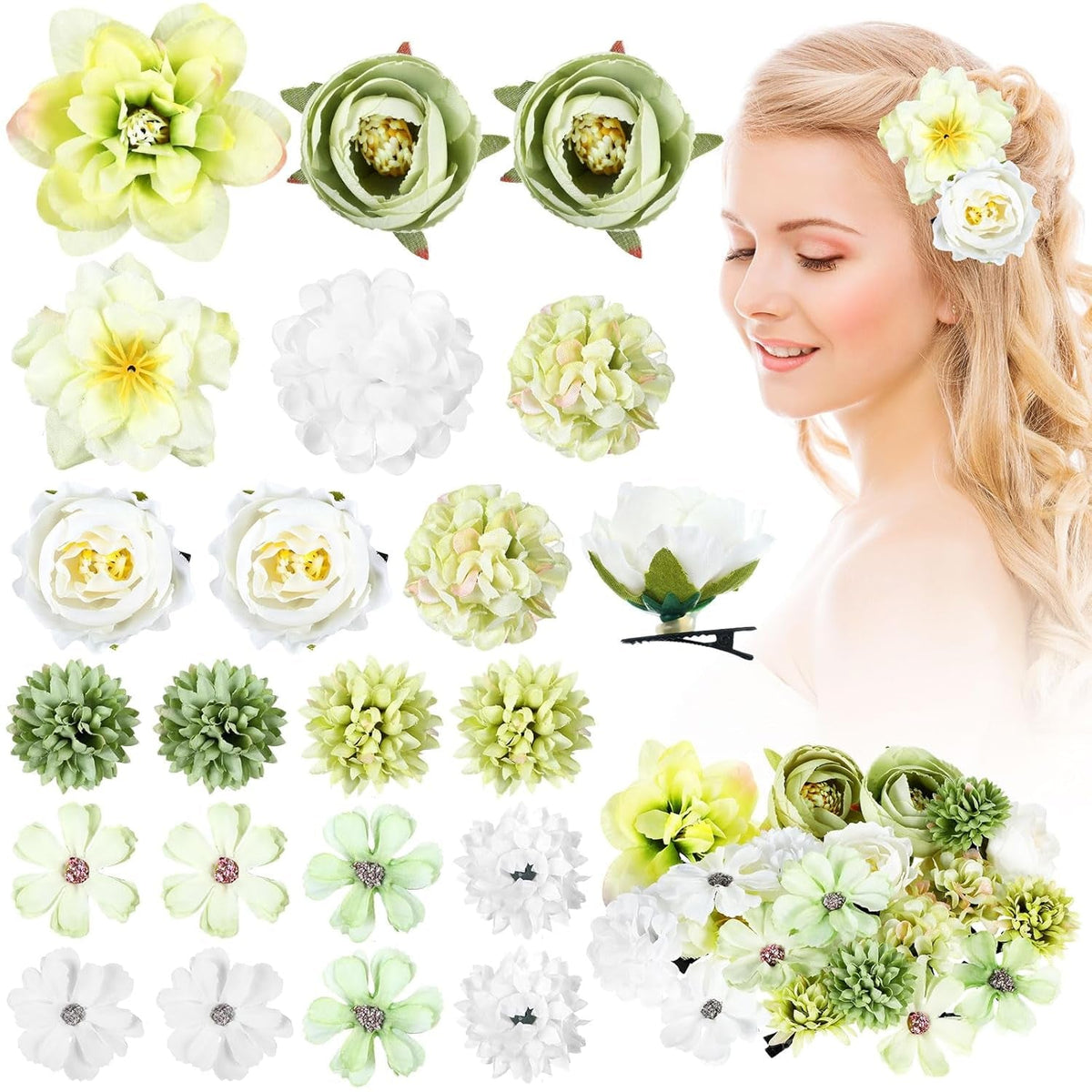 21 Pcs Flower Hair Clip Rose Hair Clips Barrettes for Women Flower Accessories Boho Bride Claw Clip Hairpin Brooch Pin Headpiece for Wedding(Cyan Series)