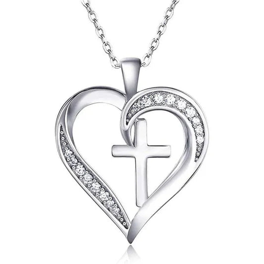 New Fashion 925 Sterling Silver Diamond Cross Heart Necklace for Women Romantic Wedding Accessories