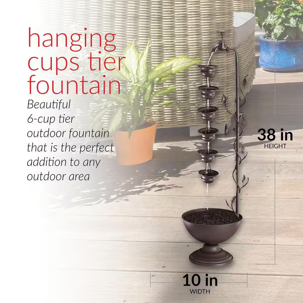 38 In. Tall Indoor/Outdoor Hanging 6-Cup Tiered Floor Water Fountain, Bronze