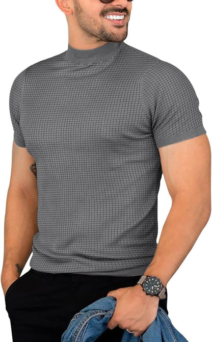 Mens Casual Slim Fit Basic Tops Short Sleeve Shirt Turtleneck T Shirts Rib Knitted Stretch Pullover Sweater