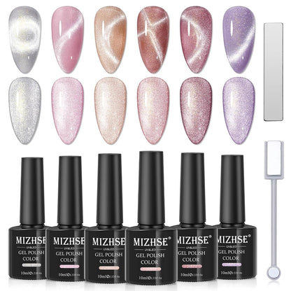 9D Cat Eye Gel Nail Polish, Magnetic Cat Eye Gel Polish Set, 10ml*6 with 2 Magnets, Classic Colors Chameleon Magic Galaxy Effect Soak off Nail Art - Sparkle Stunning Gel Polish Gift for Women