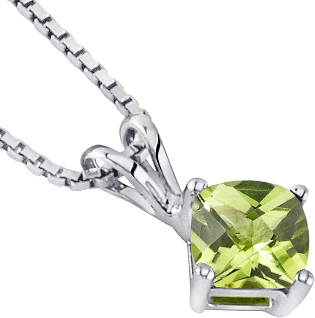Solid 14K White Gold Peridot Pendant for Women, Genuine Gemstone Classic Solitaire, Cushion Cut, 6Mm, 1 Carat Total, Real Gold Peridot Jewelry, August Birthstone Necklace, W/Jewelry Box